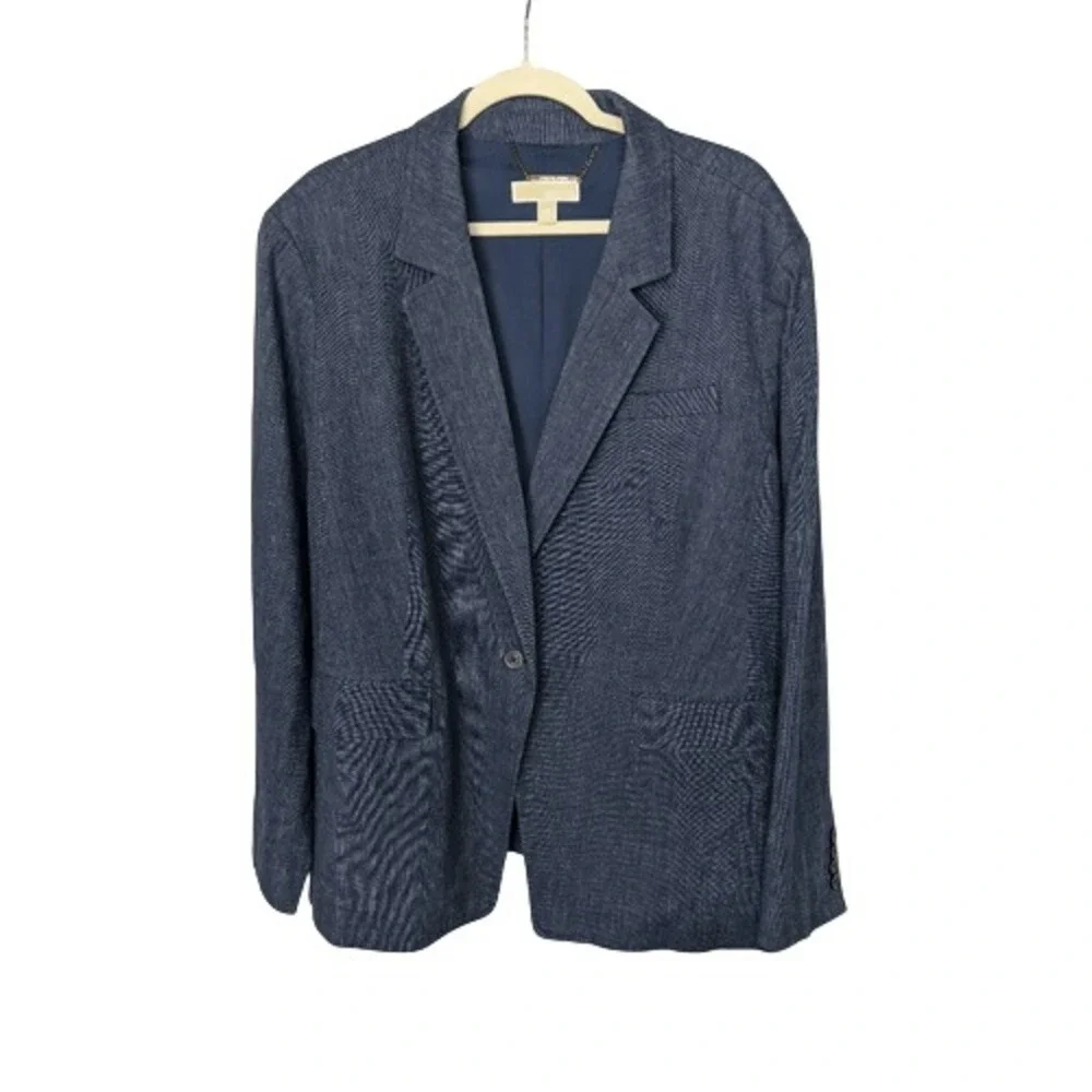 Michael Kors Womens 24W Navy Blue Linen Cotton Blend Single Button Blazer Jacket